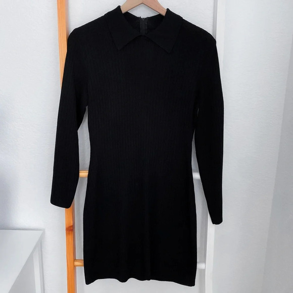 St. John Point Collar Ribbed Mini Dress Long Sleeve Black Wednesday Addams - Picture 1 of 11